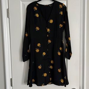 Madewell Long Sleeve Navy Silky Dress with Yellow Flowers